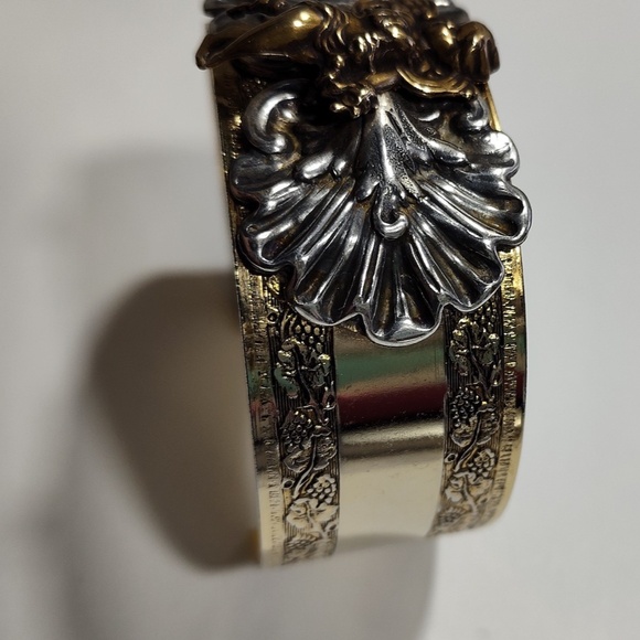 Vintage Sonja Lea Gold, Silver and Brass Tone Cherub Wide Cuff Ornate Bracelet - Picture 13 of 16